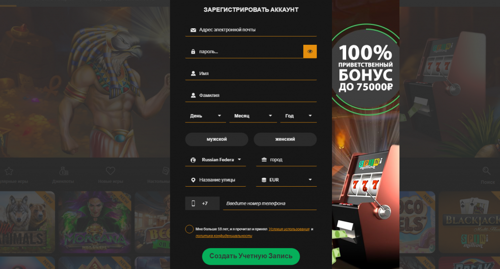 Окошко регистрации на сайте Spin Million